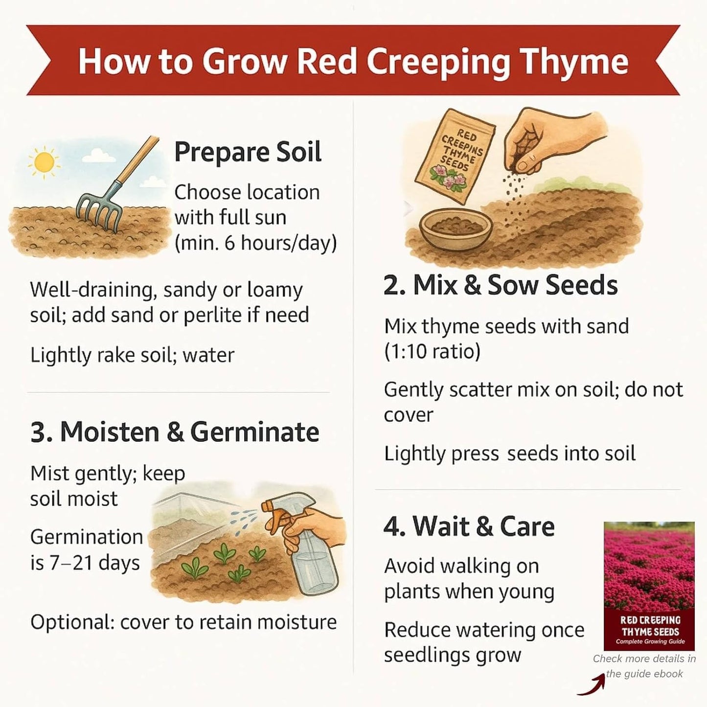 500pcs Red Creeping Thyme Seeds β Bulk Perennial Ground Cover for Lawns & Gardens, Aromatic Low Maintenance Plant, Drought Tolerant & Pollinator Friendly