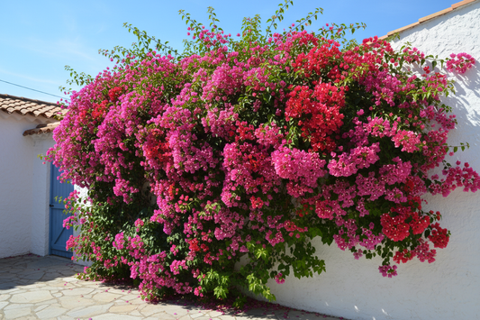 Stunning bougainvillea vine with vivid magenta bracts cascading over a white garden wall