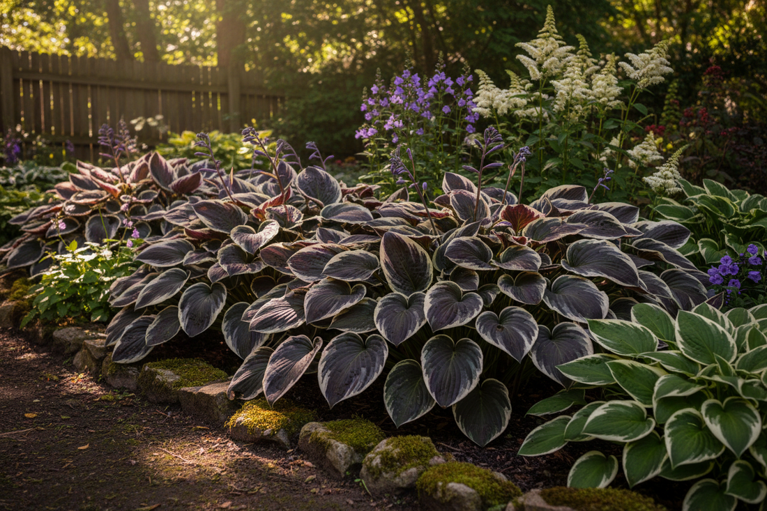 Lush hosta plants with variegated purple and white leaves growing in a shaded garden border