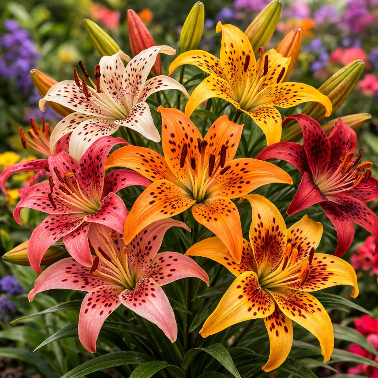 100pcs Mixed Color Tiger Lily seeds for Planting – Vibrant Blend of Orange, Yellow, Red, Pink & White – Hardy Perennial Summer Flowers – Easy to Grow