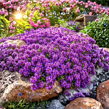 490Pcs Purple Creeping Thyme Seeds, Perennial Ground Cover, Drought Tolerant, Non-GMO Flowers